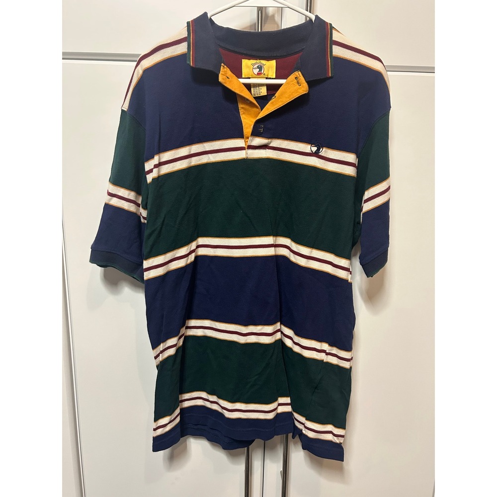 Vintage Duck Head Mens Large Striped Polo Shirt Navy Green Yellow 90s Preppy